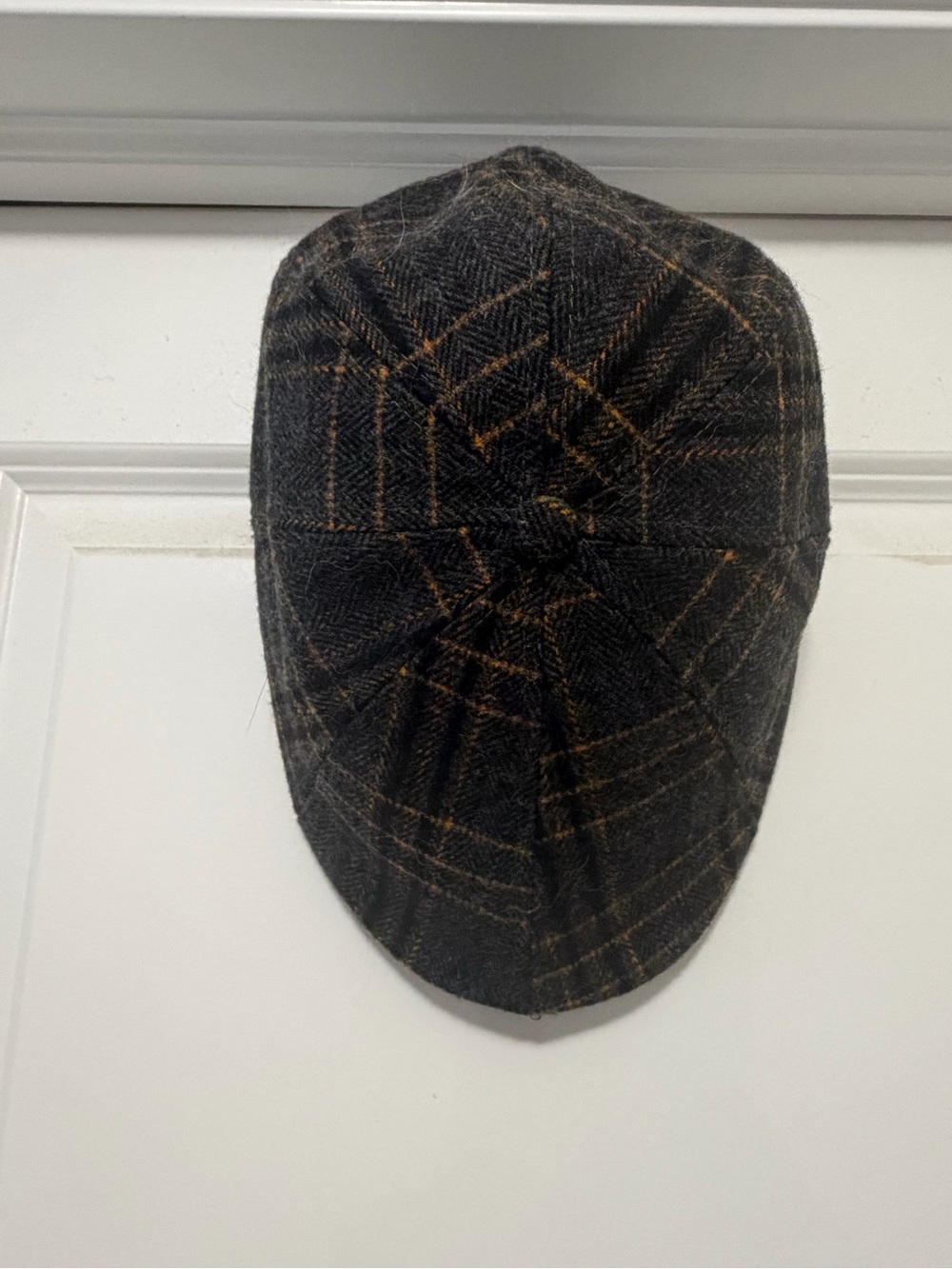 Men's Black Tweed Flat Cap with Brown Windowpane Pattern
